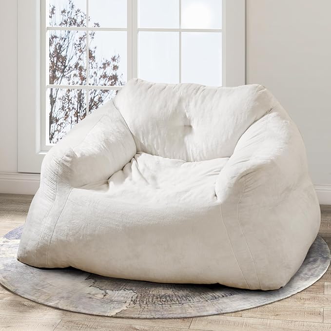 GOFLAME Bean Bag Chair for Adults, Giant Beanbag Chair with Soft Velvet Cover, Sponge Filling & Non-Slip Base, Lazy Floor Sofa for Living Room, Bedroom, Reading Room, Beige