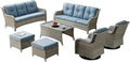 Rilyson Patio Furniture Swivel Chairs Set - 7 PC Wicker Rattan Outdoor Sectional Conversation Sets with Rocking Chairs,Ottoman,Sofa and Coffee Table for Porch Deck Garden(Light Grey/Sky Blue)