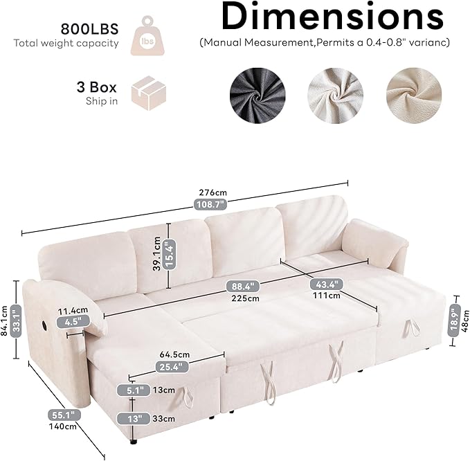 Tbfit 109'' Pull Out Sofa, Sleeper Sofa Bed with USB & 2 Storage Chaises, Comfy Oersized U Shaped Convertible Sectional Sleeper Couches for Living Room, Apartment, Office, Beige