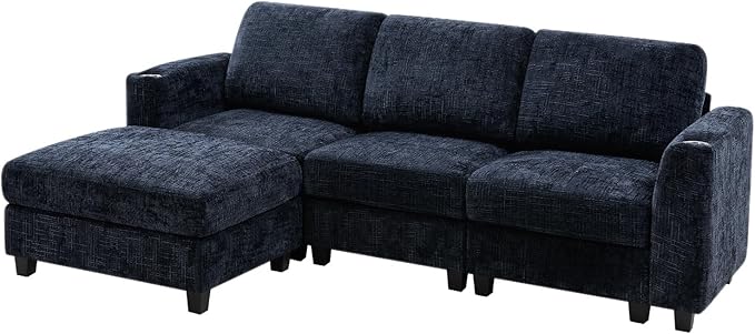Lesofair 87" Convertible L-Shape Couch with Flexible Ottoman, Soft Sectional Sofa with 2 Built-in Cup Holders, Chenille 3 Seats Sofa with Well-Filled Back Cushions for Living Room, House, Blue