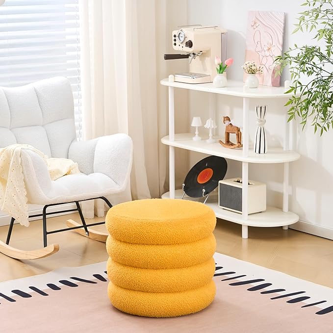 Wimarsbon Round Storage Ottoman, Modern Sherpa Footstool, Teddy Vanity Stool with Flip-Top Tray, Makeup Chair for Home Decor, Upholstered Footrest for Living Room & Bedroom (Yellow)