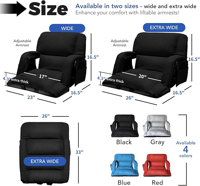 Wide Stadium Seats With Back Support, Exclusive "Sofa Style" Design Extra Thick Bleacher Chairs With Back and Cushion, 6 Reclining Positions - Ultimate Comfort for Sports Events (Black, 22.5")