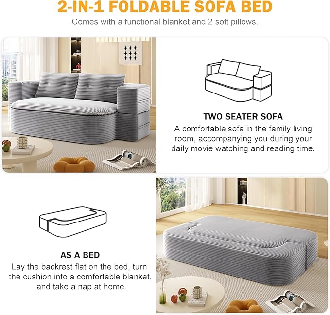 78.7" Convertible Sleeper Sofa Bed, Floor Couch Loveseat with Functional Blanket and 2 Soft Pillows,Corduroy Fabric Boneless Futon Couch for Living Room,Bedroom,Apartment (Light Grey)