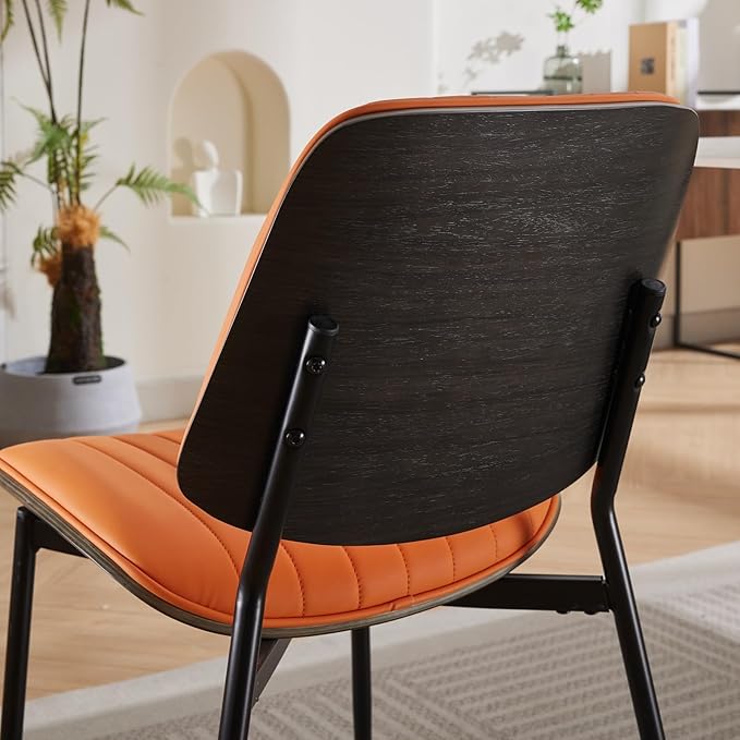 YaFiti Dining Chairs Set of 4, Mid Century Modern Accent Dining Room and Kitchen Chairs, Upholstered PU Leather Vertical Stripe Chairs for Vanity with Walnut Bentwood and Metal Legs, Orange