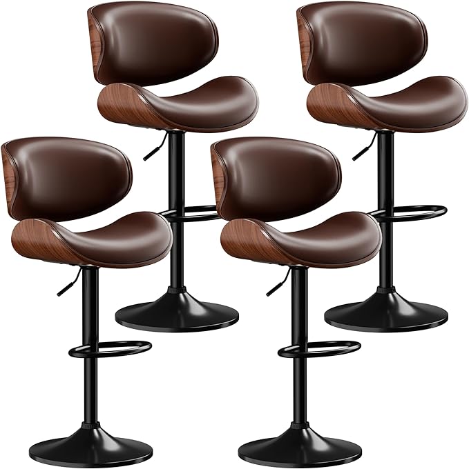 Aowos Bar Stools Set of 4, Adjustable Swivel Leather Bar Stools for Kitchen Island, Mid Century Modern Counter Height Bar Chairs Barstools with Back & Footrest (Brown)