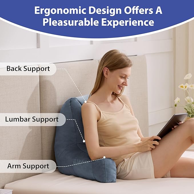 IASEAHK Reading Pillows for Sitting in Bed Adult, Back Pillow for Bed Sitting Up, Backrest Pillows with Shredded Foam for Adult&Teens, Support Pillow with Arms for Beds, Couch, Floor, 20in, Navy Blue