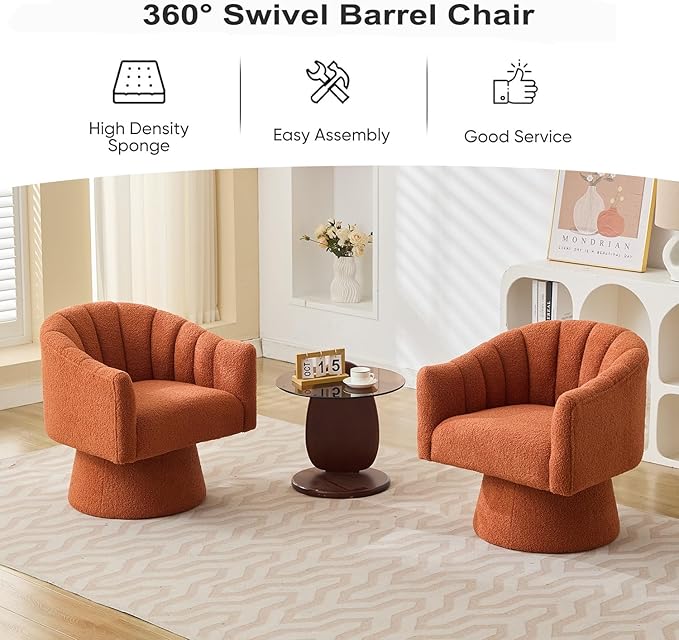Swivel Accent Chair,Upholstered Teddy 360° Swivel Barrel Chair for Living Room Overstuffed Bouncle Reading Chair Round Armchair for Bedroom,Vanity,Office-Orange