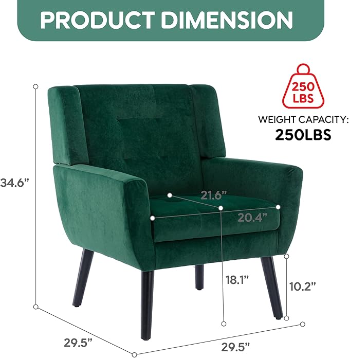 OO BY ORANGE ONLINE Velvet Accent Chair, Mid-Century Modern Tufted Armchair for Living Room, Bedroom & Office (Hunter Green)