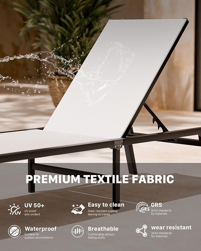 Aluminum Chaise Foldable Patio Lounge Chair Outdoor, Metal Deck Lounger Adjustable 5-Position Recliner Pool Chase Breathable Full Flat Outside Sun Tanning Chairs for Beach/Poolside/Lawn(White, 1Pack)