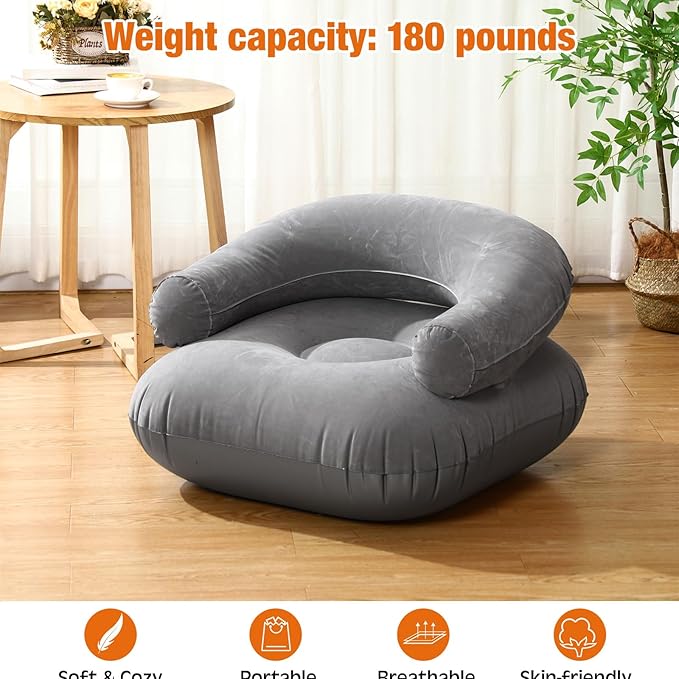 Threehoney 2 Pcs Inflatable Lounge Chair Deck Chair Lazy Sofa, Blow Up, Folding, Portable Couch for Home, Office Balcony, Floor Seating (Dark Grey)