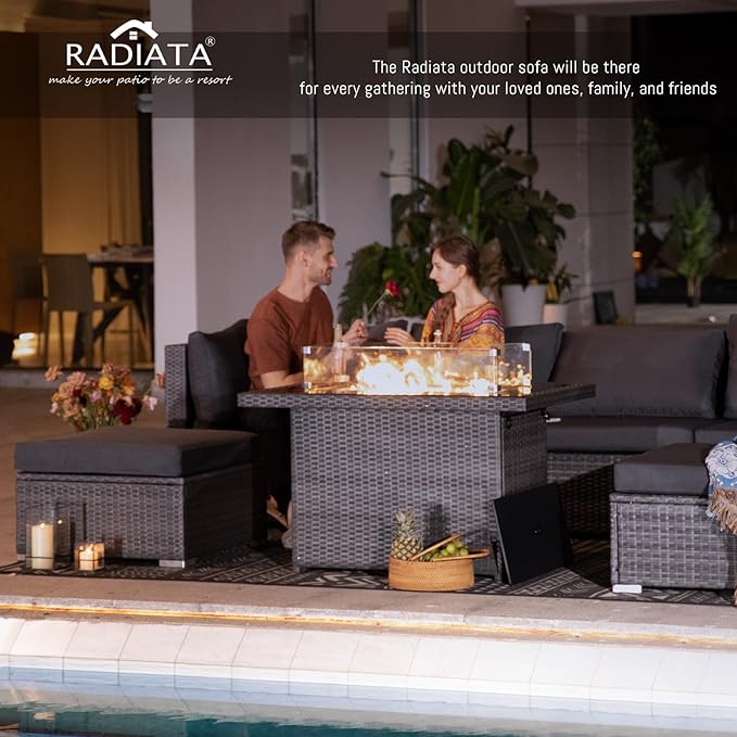 RADIATA 7Pcs Outdoor Patio Furniture Set with Fire Pit, Modern Comfortable Outside Sectional Couch High Back Oversized Wide Deep 6-Seats, Modular All-Weather Heavy Duty Wicker Sofa Set, Dark Grey
