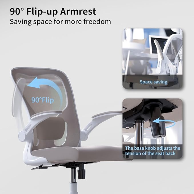 Monhey Office Chair Ergonomic Desk Chair with Lumbar Support&Headrest&Flip-up Arms Height Adjustable Rocking Swivel High Back Computer Chair Multi-Angle from 90° to 125° with 350LBS Capacity (01Khaki)