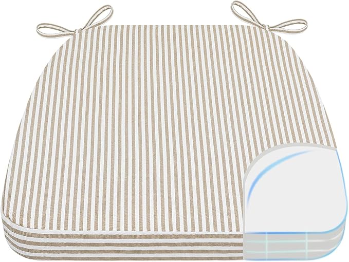 AAAAAcessories D-Shaped Chair Cushions, 2" Thick Dining Chair Pads with Ties and Removable, Machine-Washable Cover, 17" x 16", Natural Sand Pinstripe
