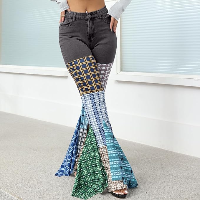 ThusFar Women High Waist Patchwork Flare Jeans Plaid Bell Bottom Ruffle Hem Denim Long Pants Trousers