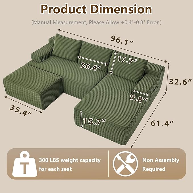 96" U-Shape Cloud Couch, Modern Modular Sectional L-Shape Sofa with Ottoman, Corduroy Upholstered Couches Deep Seat Sleeper Chaise Longue for Living Room, No Assembly Required(Green, Right Facing)