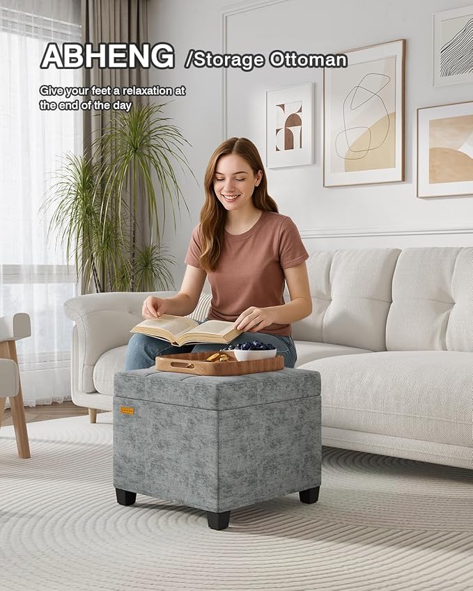 ABHENG 17.7 inches Chenille turfed Ottomans Cube with Storage, Metal-Framed Square Storage Ottoman Foot Rest Stool Holds 770 LB for Dorm Living Room Bedroom Gray UASN641G