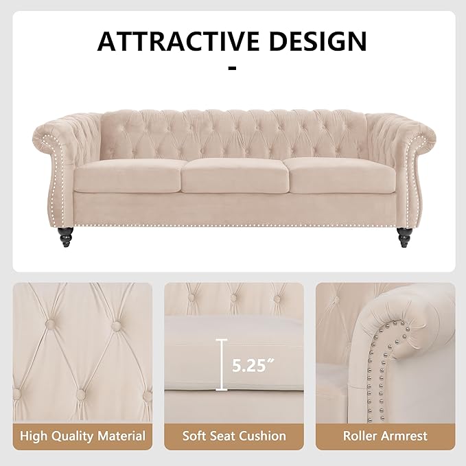 QHITTY Accent Large Sofa, Chesterfield Couch 3 Seater Modern Velvet Couch Upholstered Sofa with Tufted Back for Living Room Furniture (Beige)