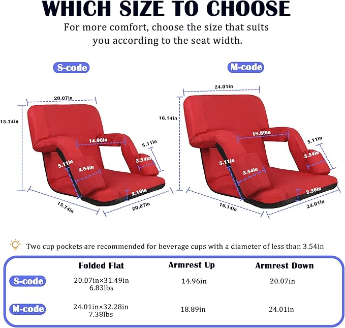 Anmiro Stadium Seats with Back Support Bleacher Chairs with Back and Extra Wide Cushion Thick Padded Bleacher Portable Reclining Seats for Football, Baseball and Basketball (Red, Small)