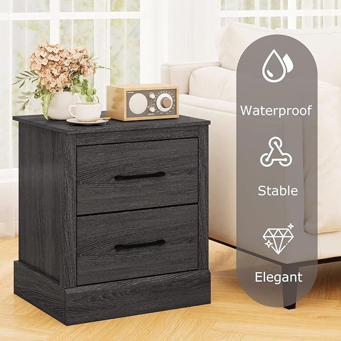 SIMOE Grey Oak Farmhouse Nightstand, Wooden Bedside Table with 2 Storage Drawers, Compact Floor-Standing Night Stand, Accent Sofa Side Table for Bedrooms