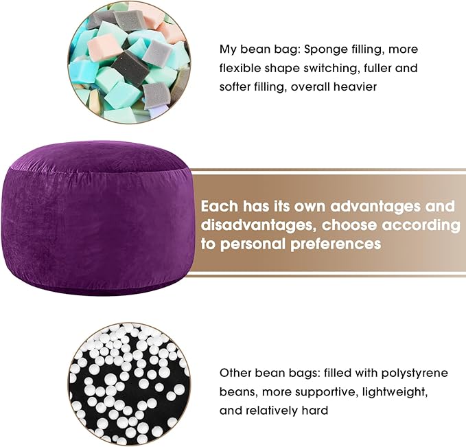 Bean Bag Chairs for Adults - Memory Foam Furniture BeanBag Chair - Kids/Teens Sofa with Soft Micro Fiber Cover - Round Fluffy Couch for Living Room Bedroom College Dorm - 4 ft, Purple