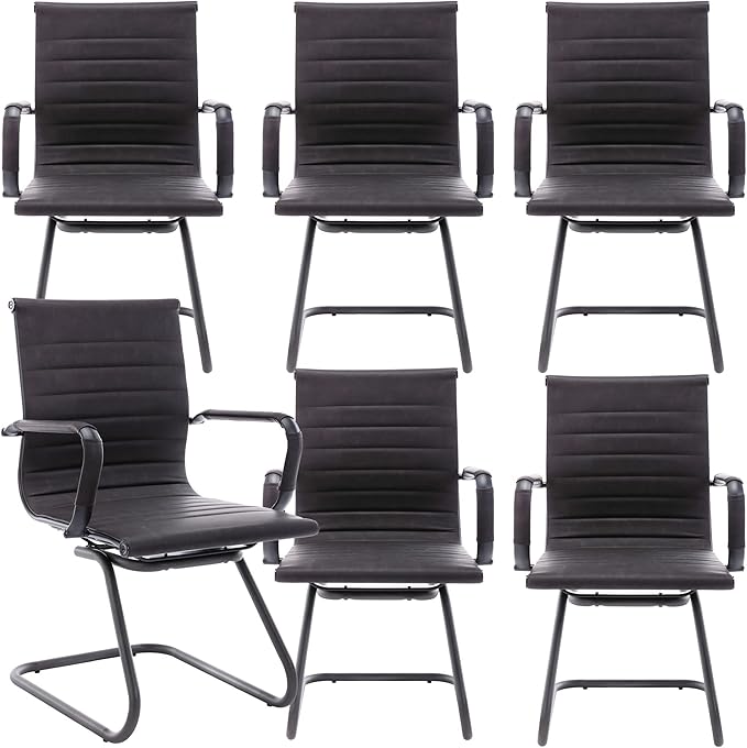 DM Furniture Office Desk Chair No Wheels Set of 6 PU Leather Computer Chairs Mid Back Guest Chairs for School Reception Conference Waiting Room, Vintage Charcoal