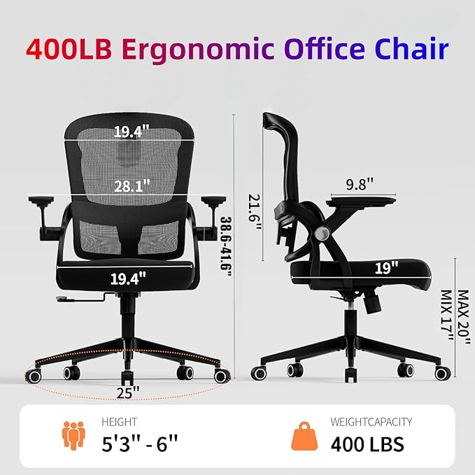 Ergonomic Office Chair - 400LB Comfy Desk Chairs with Lumbar Back Support, Mesh Computer Chairs with Wheels and Arms for Home Office, Study (218Black-Without Headrest)