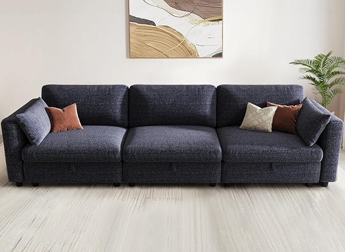 KKL Modular Sectional Sofa Couches for Living Room, 113" Sofa Couch with Adjustable Backrest, 3 Seater Sofa Couch with Comfy Cushion, Chenille, Blue
