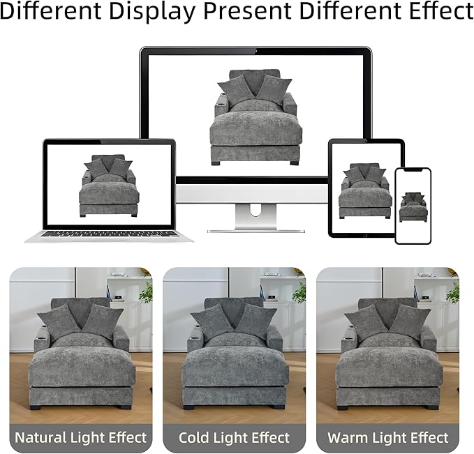 Oversized 60" Chaise Lounge Sofa, Chaise Lounge Recliner with Adjustable Backrest, Built-in Cup Holder USB and Type-C Port, 2 Pillows, Sleeper Couch with Deep Seat for Living Room, Bedroom, Gray