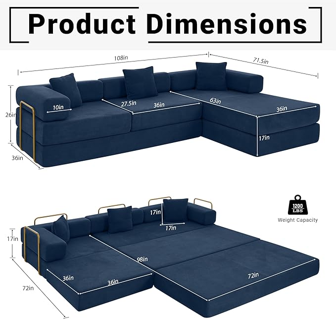 108" Convertible Sleeper Sofa Bed, Corduroy Folding Sofa Bed with Fixed-Shape Frame, Fold Out Floor Mattress Couch, Lazy Compression Sofas for Living Room, Bedroom, No Assembly Required,Blue