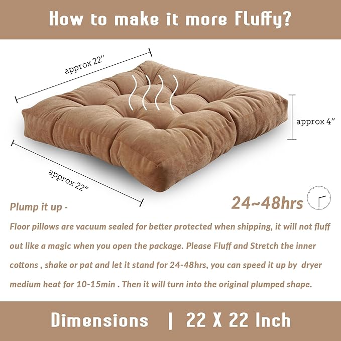 Sexysamba Square Floor Seat Pillows Cushions 22" x 22", Soft Thicken Yoga Meditation Cushion Pouf Tufted Corduroy Tatami Floor Pillow Reading Cushion Chair Pad Casual Seating for Adults & Kids, Khaki