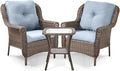 ACTREST 3 Piece Patio Brown Wicker Chairs with Side Table - Outdoor High Back Heavy Duty All-Weather Lawn Dining Rattan Chair Conversation Bistro Set for Deck Porch Balcony Backyard Garden - Baby Blue