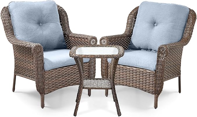 ACTREST 3 Piece Patio Brown Wicker Chairs with Side Table - Outdoor High Back Heavy Duty All-Weather Lawn Dining Rattan Chair Conversation Bistro Set for Deck Porch Balcony Backyard Garden - Baby Blue