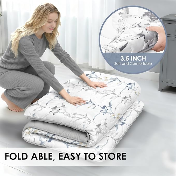 Japanese Floor Mattress, 3.5" Thicken Ink Wash Floral Pattern Portable Futon Mattress, 100% High-Density Foam Tatami Mat Sleeping Pad for Camping Guest Room Dormitory RV, White, Twin