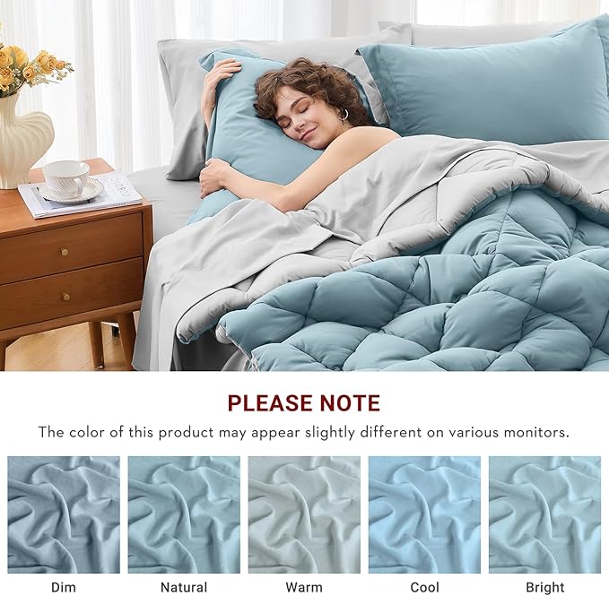 MUXHOMO 7 Pieces Full Comforter Set, Reversible Bed in a Bag Full Size, All Season Bedding Set with Comforter, Flat Sheet, Fitted Sheet, Pillowcases & Shams, Greyish Blue & Light Grey