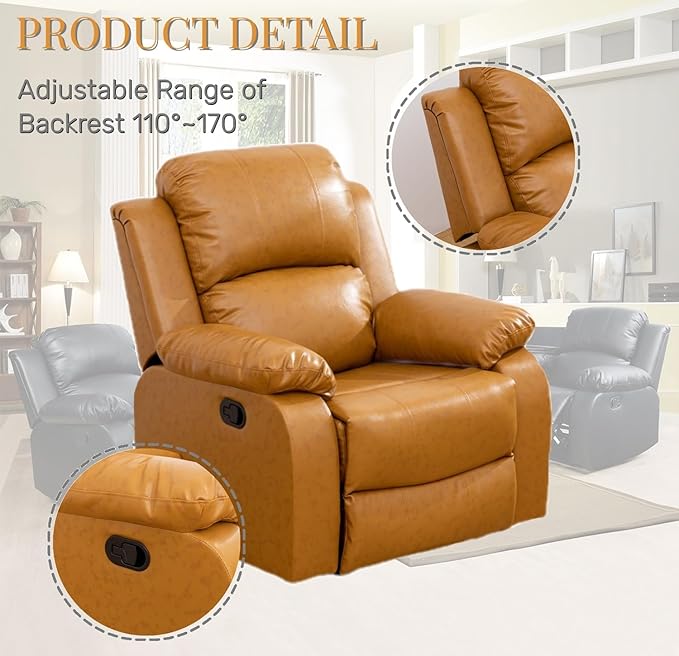 Caberryne Leather Recliner Chair for Living Room Furniture Set,Ginger Leather Reclining Couch for Small Space/Rv, Wall Hugger Single Recliner/Home Theater Chairs for House/Office(Chair)