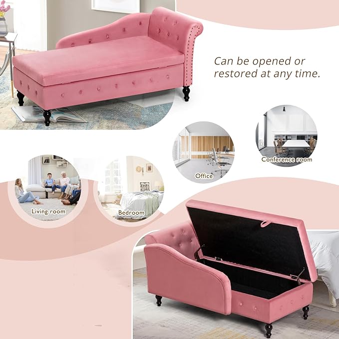 ACMEASE Upholstered Chaise Lounge with Right Armrest & Lumbar Pillow,Button Tufted Lounge Sofa with Storage,Lounge Chair Indoor,Modern Velvet Lounge Chair for Bedroom, Living Room and Office,Pink