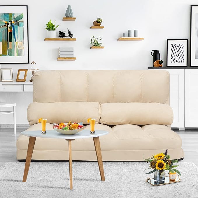 KOMFOTT Adjustable Floor Sofa Bed, Foldable Lazy Sofa Sleeper with 6 Position Backrest & 2 Pillows, Convertible Futon Couch with Suede Cloth Cover, Lounge Recliner for Living Room