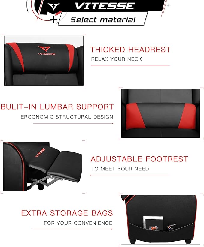VITESSE Gaming Recliner Chair Racing Style Single PU Leather Sofa Modern Living Room Recliners Ergonomic Comfortable Home Theater Seating, Red