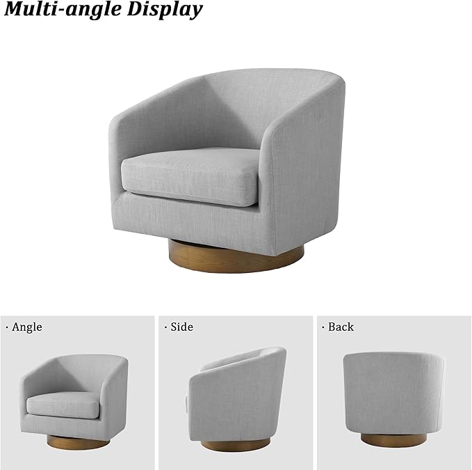 Swivel Barrel Chair, Modern Round PU Leather Accent Armchair for Living Room, Bedroom, Oversized Comfy Club Reading Chairs for Adults (Fabric Light Grey, Set of 1)