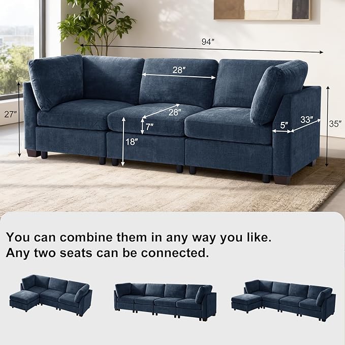 EDILLY 94 inches Oversized Modular Sectional Fabric Cloud Sofa Set, Extra Large L Shaped Couch Reversible Chaise Couch,3 Seat Modular Sofa, Blue