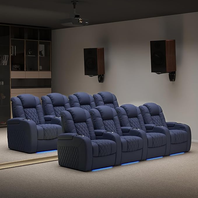 Weilianda Home Theater Seating Top Grain Leather Zero Gravity Recliner Chair Power Headrest Recline Movie Seat Gaming 7 Colors Mood Light Sofa with Tray Table USB Charge Row of 5 Loveseat Left Blue