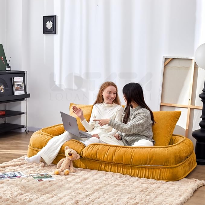 LouannTatami Foldable Lazy Sofa Bed Floor Chair - Adjustable Human Dog Bed for Adults Kids Floor Seats - Cozy Small Couch for Home Living Room (Yellow)