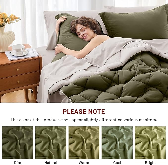 MUXHOMO 7 Pieces King Comforter Set, Reversible Bed in a Bag King Size, All Season Bedding Set with Comforter, Flat Sheet, Fitted Sheet, Pillowcases & Shams, Olive Green & Beige