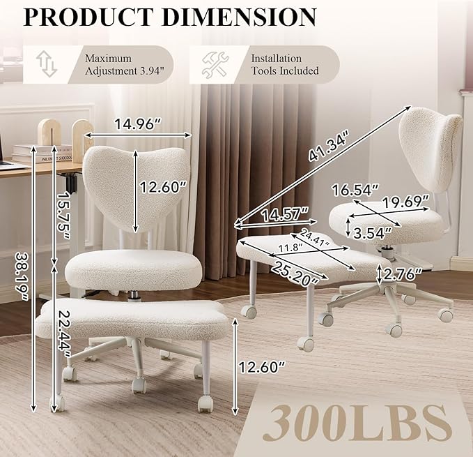 Sudwesto Ergonomic Cross Legged Chair, Teddy 360° Upholstered Swivel Meditation Chair with Wheels, Comfy Criss Cross Desk Chair for ADHD with Height-Adjustable for Office (White - Teddy)