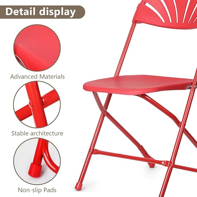 Folding Chairs 10 Pack, Heavy-Duty Plastic Foldable Chairs with Sturdy Metal Frame, 350 lbs Capacity, Fashion Stackable Portable for Weddings, Parties, Office, Indoor, Outdoor Events, Red