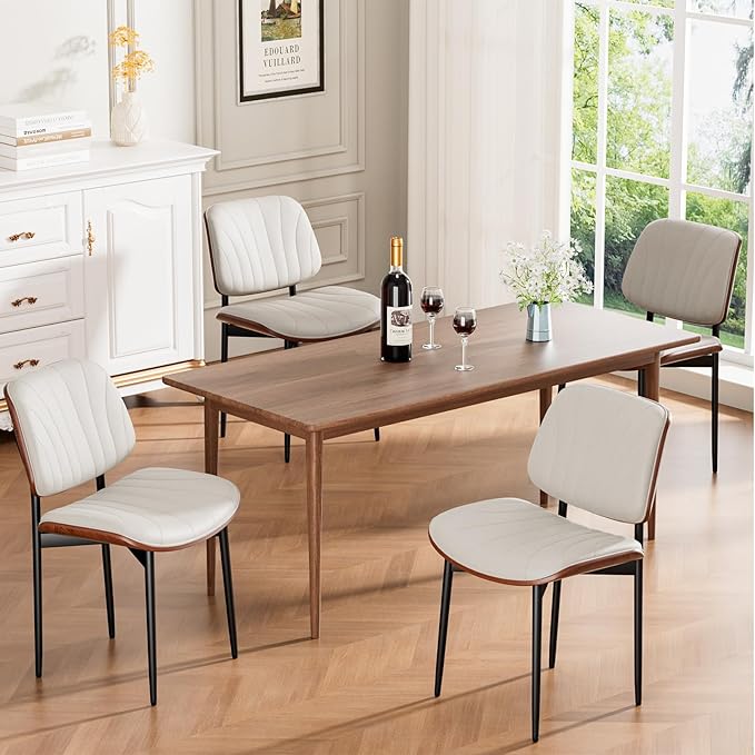 Dining Chairs Set of 6, Mid-Century Modern Upholstered PU Leather Chairs with Walnut Bentwood Back and Metal Legs Adjustable Feet for Kitchen Dining Room, Off-White Shell Strips