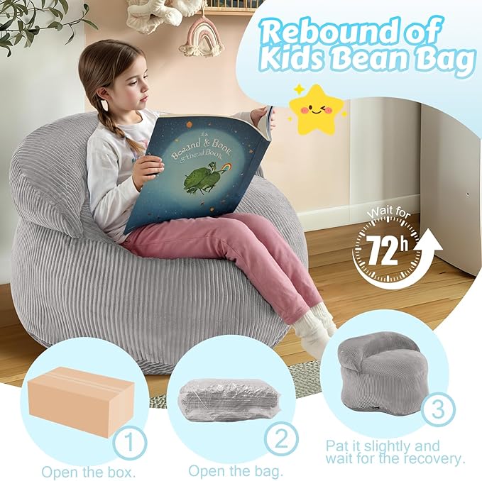 COMAX Bean Bag Chair for Kids, Convertible Toddler Beanbag Bed Corduroy, Children Bean Chair Stuffed to Floor Mattress with Filler, Light Grey
