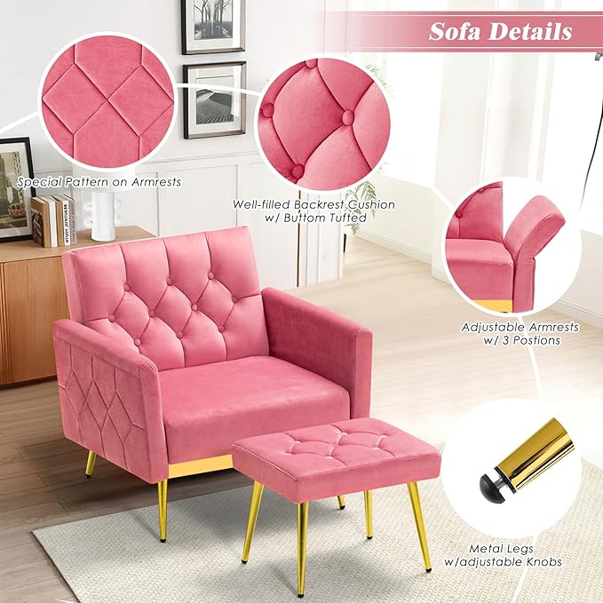 ACMEASE Velvet Accent Chair w/Adjustable Armrests and Backrests, Tufted Single Sofa with Ottoman, Upholstered Reading Chiar for Living Room, Apartment, Bedroom, Pink
