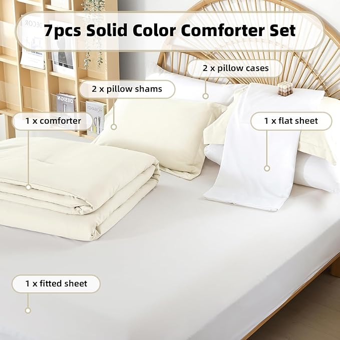 weigelia King Size Comforter Ivory Comforter Set 7 Pieces Bed in a Bag King Comforter Set with Flat Sheet, Fitted Sheet, Pillow Shams, Pillowcases for All Season