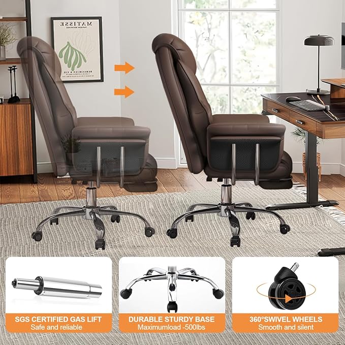 BTFYOU Big and Tall Office Chair with Armrests Executive Chair with Footrest and Spring Lumbar Support High Back Leather Ergonomic Chair Adjustable Height Tilt Lock for Business